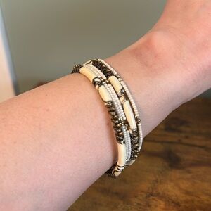 Set of Cream and Metal Bangle Bracelets, Ivory, Vintage, Boho